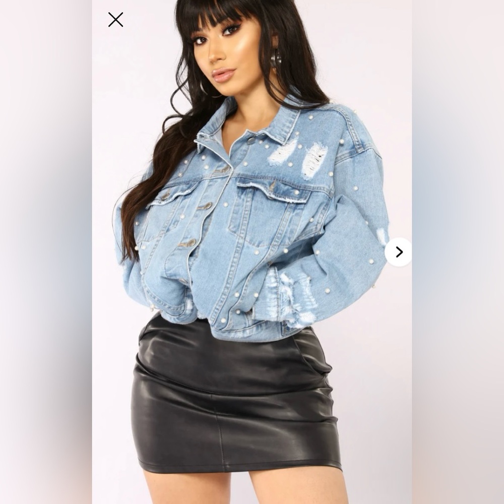 DONATED - Women’s Large Fashion Nova Blue Pearls Distressed Jean Jacket